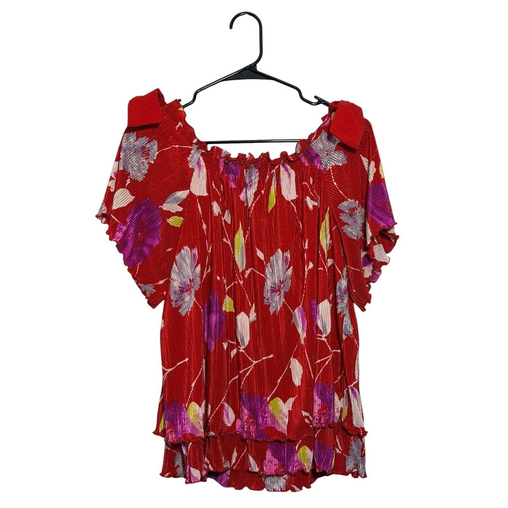 Banana Republic Romantic Red Pleated Off Shoulder Floral Bow Blouse Women's XL